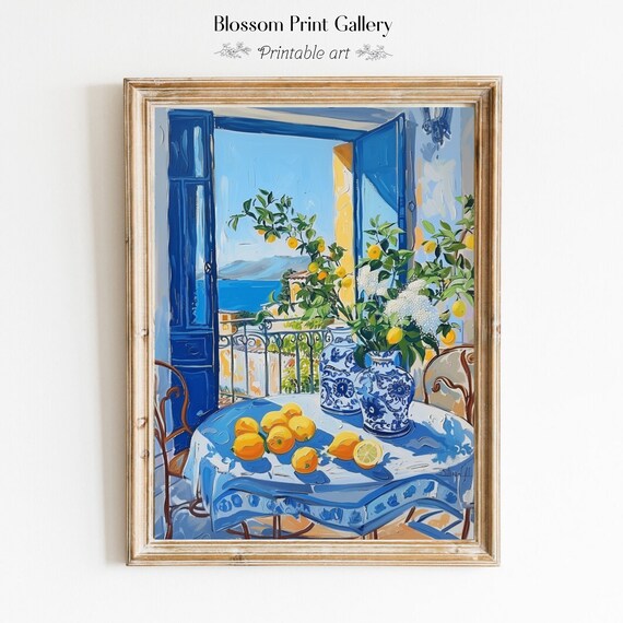 Sunny Mediterranean Balcony with Lemons and Blue Shutters Painting Poster