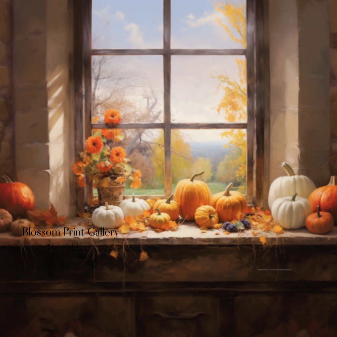 Pumpkins on Rustic Window Sill with Marigolds Painting Poster - Image 3