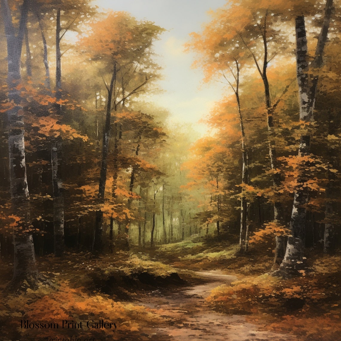Golden Autumn Forest Path in a Moody Fall Woodland Scene Wall Art - Image 3