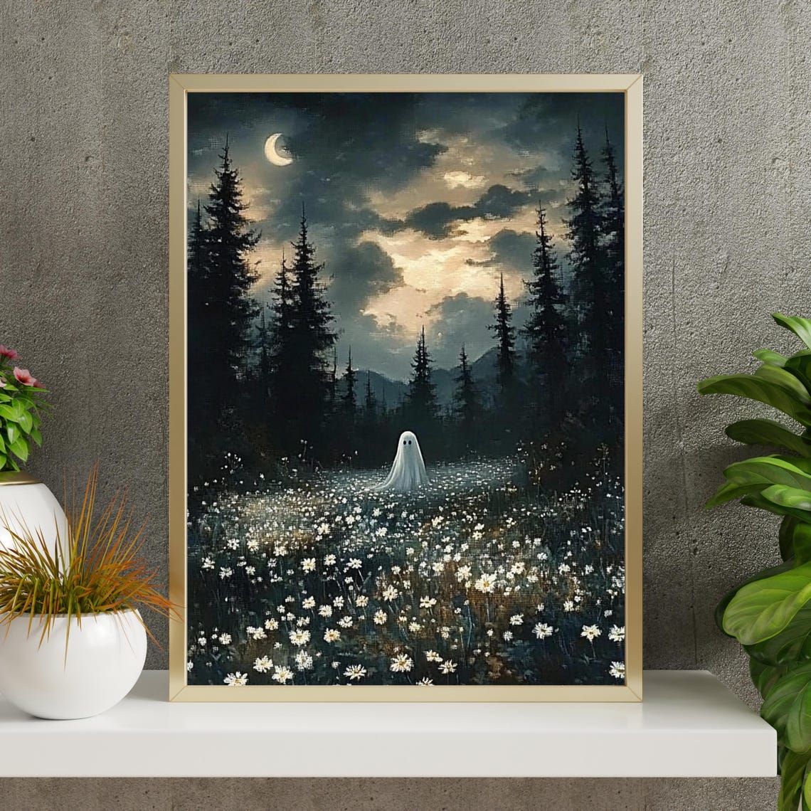 Cute Ghost in a Moonlit Wildflower Meadow Whimsical Wall Art - Image 2