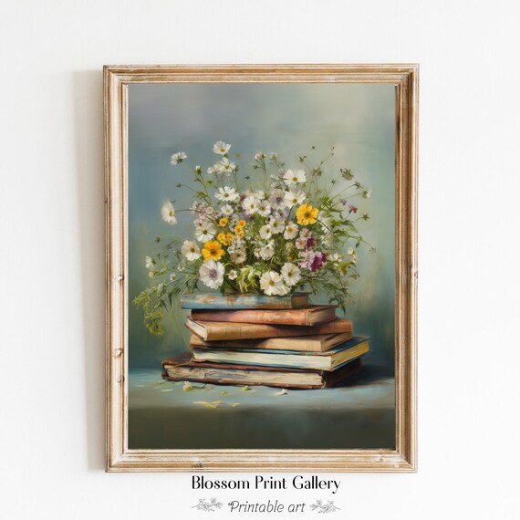 Wildflowers on Stack of Old Books Vintage Still Life Floral Painting Poster