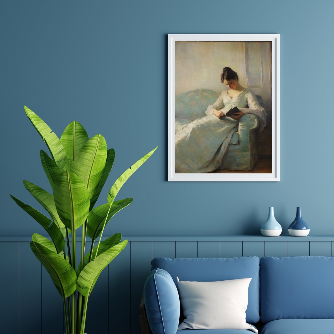 Impressionist Woman Reading Book on Sofa Vintage Interior Painting Poster - Image 3