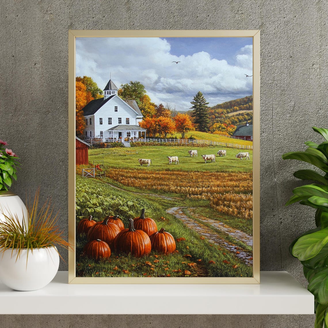 Autumn Farm Scene With White Farmhouse Cows And Pumpkins Poster - Image 5