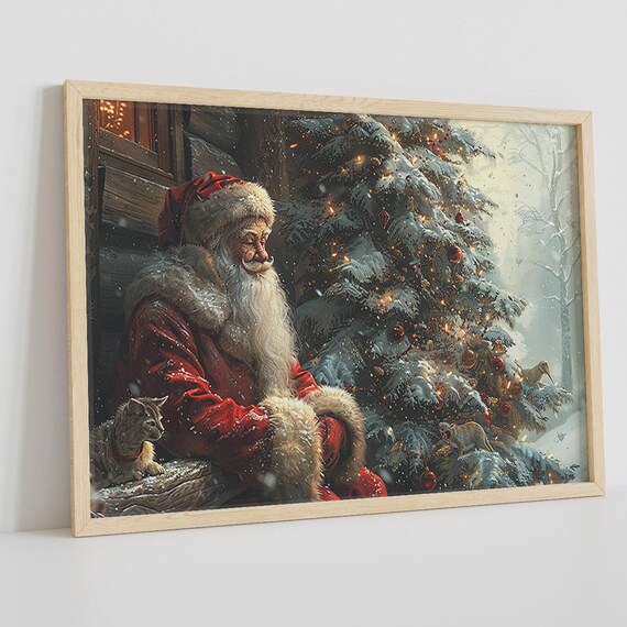 Santa Claus Beside Snowy Christmas Tree At Cozy Cabin Vintage Holiday Poster