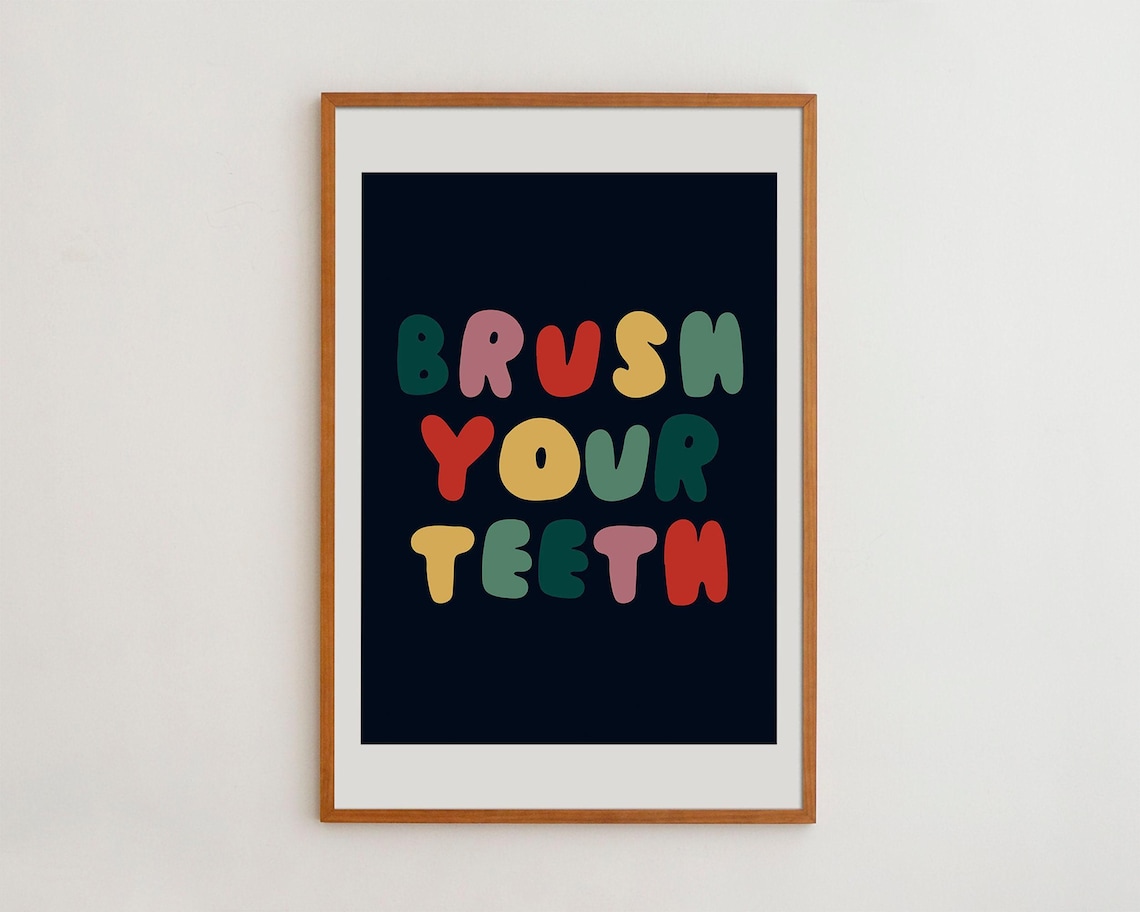 Brush Your Teeth Typography Art Print, Kids Bathroom