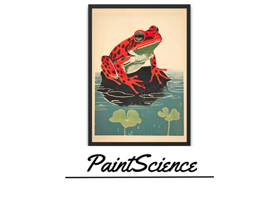 Japanese Woodblock Style Red Spotted Frog On Rock Above Lily Pads Poster
