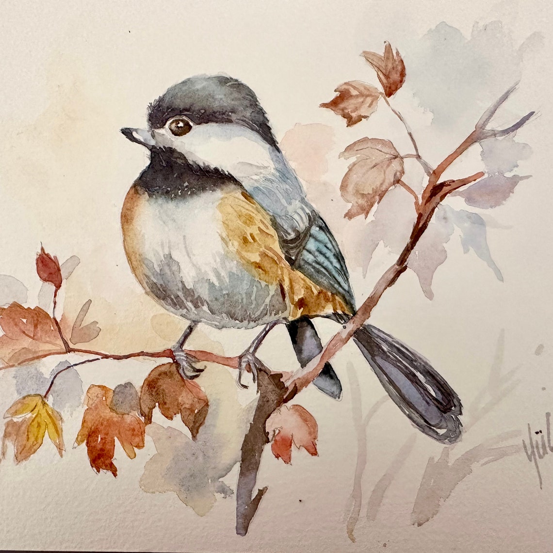 Chickadee Bird Perched on Autumn Branch Watercolor Painting Poster - Image 6