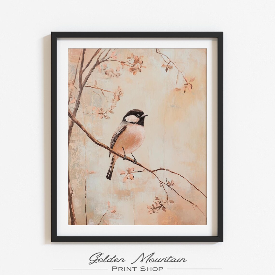 Chickadee Bird on Blossom Branch Peachy Floral Vintage Nature Art Poster