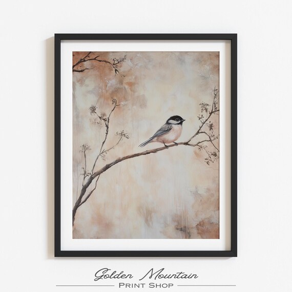 Black Capped Chickadee Bird Perched On Bare Branch Neutral Beige Poster