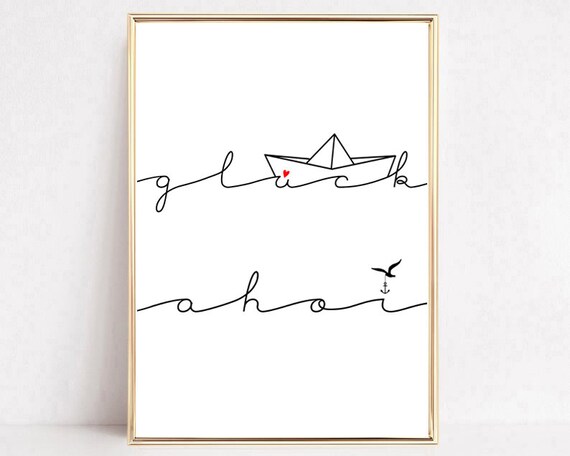 Good Luck Paper Boat Red Heart Nautical Script Minimalist Poster