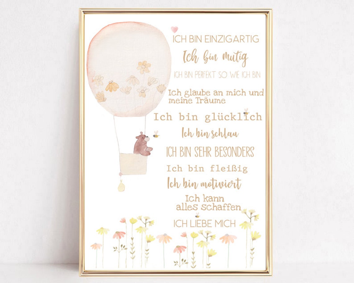 German Positive Affirmations Kids Hot Air Balloon Bear Poster