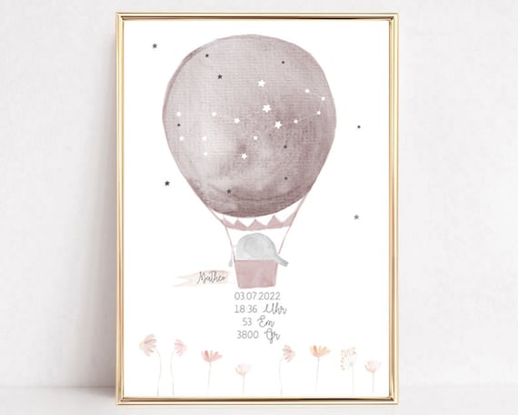 Personalized Hot Air Balloon Elephant Baby Birth Details Art Poster