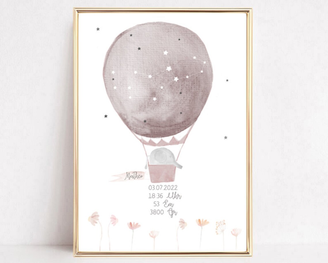 Personalized Hot Air Balloon Elephant Baby Birth Details Art Poster