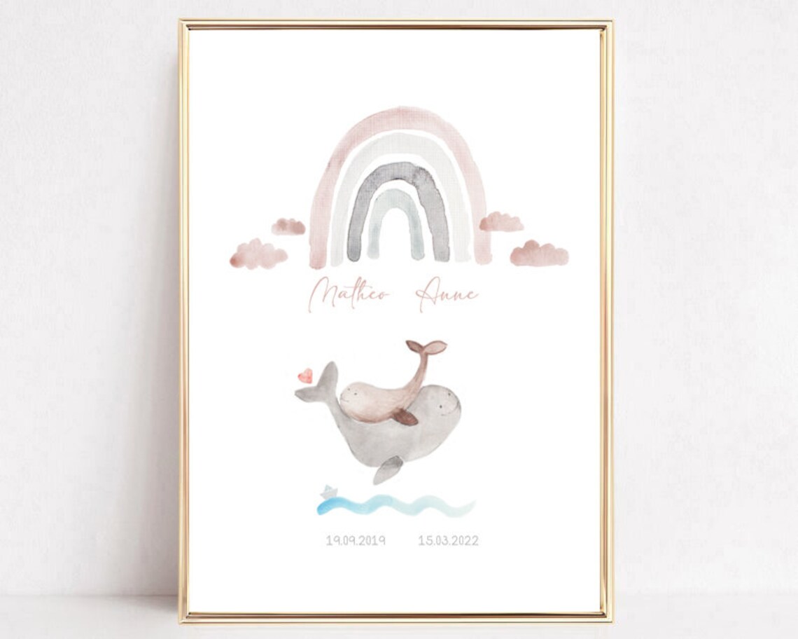 Birth Announcement Two Whales Sibling Poster Birth Gift Baptism Gift Siblings Birth Gift Personalized