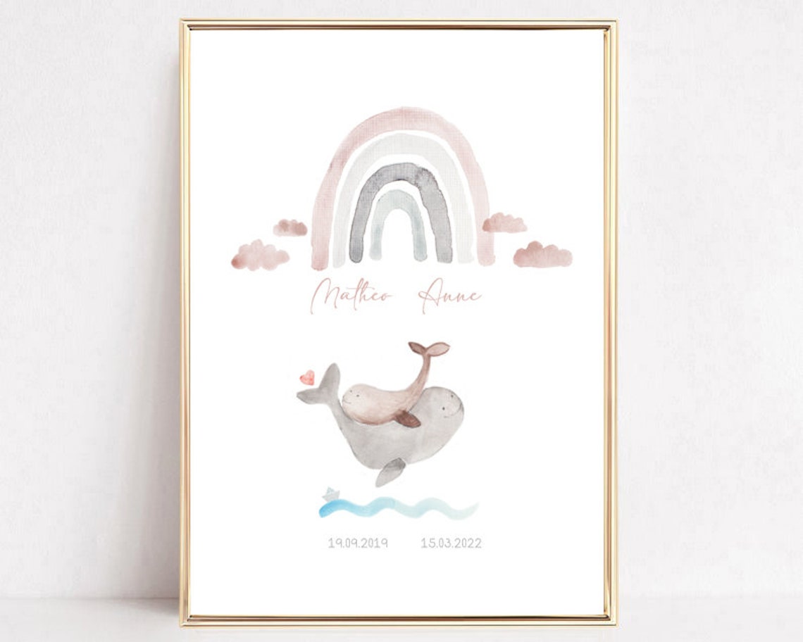 Sibling Announcement Two Whales With Rainbow Birth Dates Poster