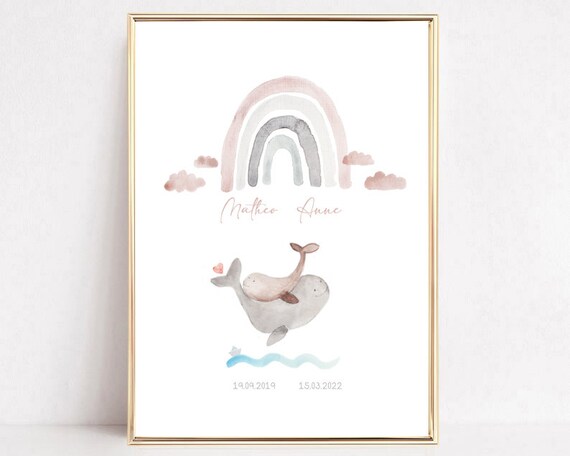 Birth Announcement Two Whales Sibling Poster Birth Gift Baptism Gift Siblings Birth Gift Personalized