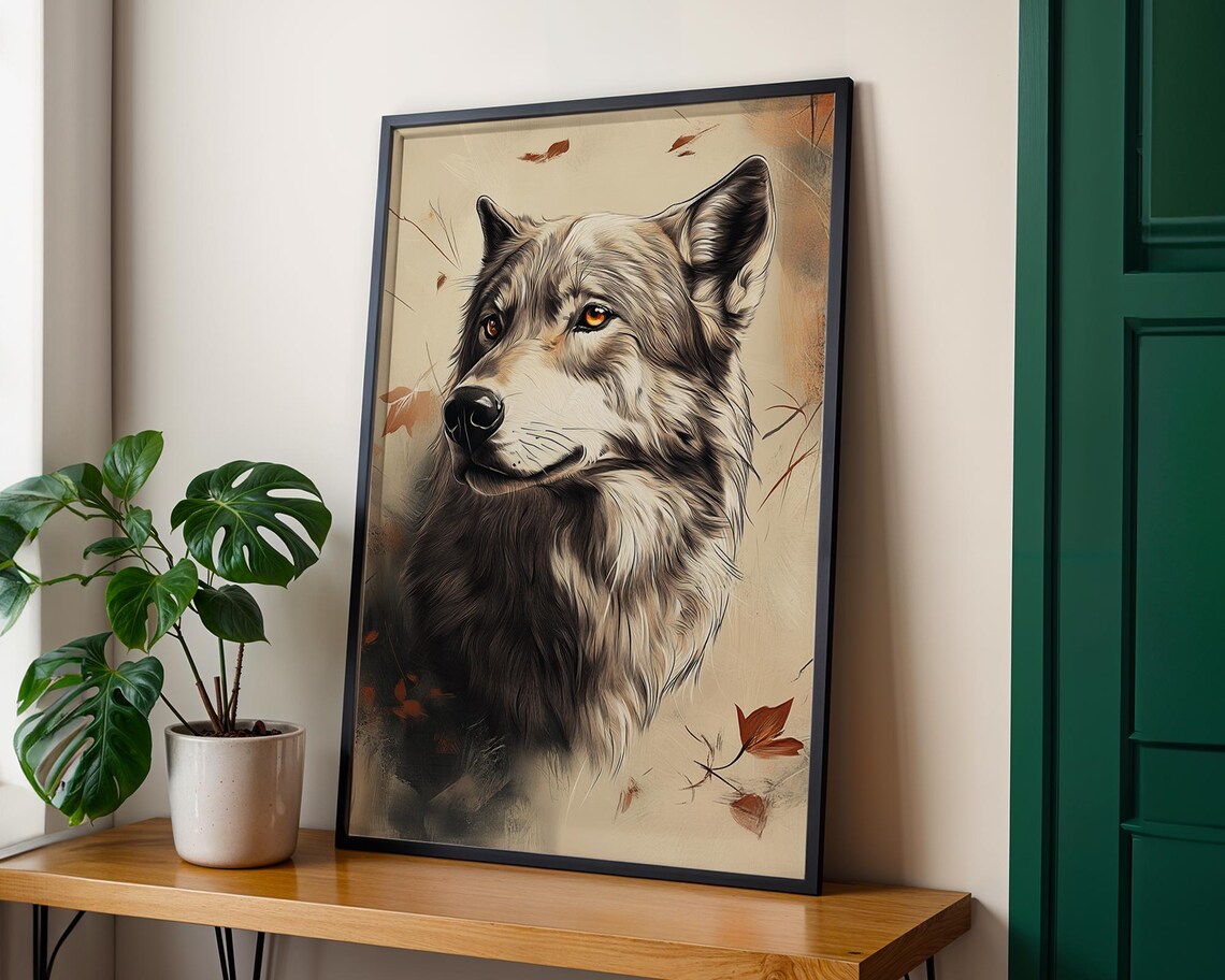 Majestic Gray Wolf Portrait Close Up Sepia Wildlife Art Poster - Image 2