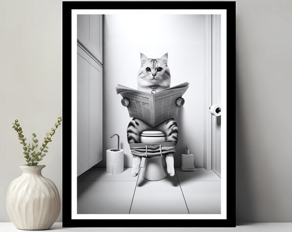 Bobtail Wall Art Funny Bathroom Decor Animal In Toilet Petshop Cat Gift