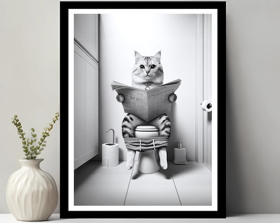 Striped Tabby Cat Reading Newspaper on Toilet Funny Bathroom Poster