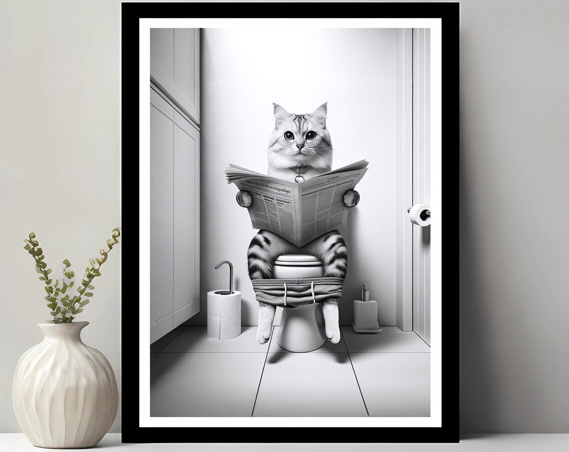 Striped Tabby Cat Reading Newspaper on Toilet Funny Bathroom Poster