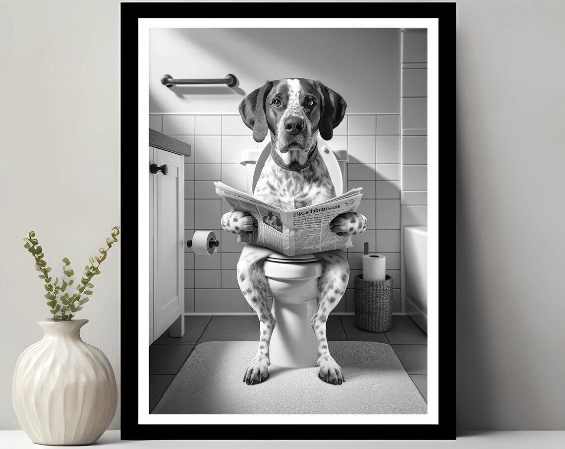 Funny Dog Sitting on a Toilet Reading Newspaper Bathroom Poster
