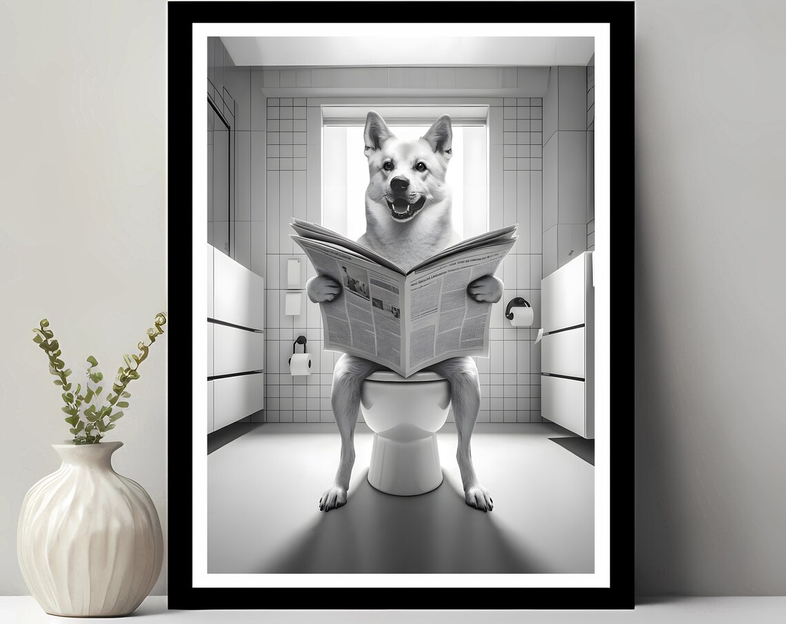 Canaan Dog Reading Newspaper Toilet Funny Black White Bathroom Poster