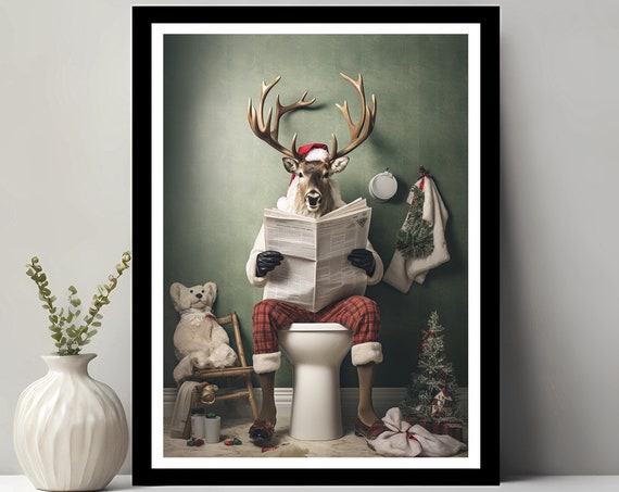 Funny Reindeer Christmas Bathroom Art Print