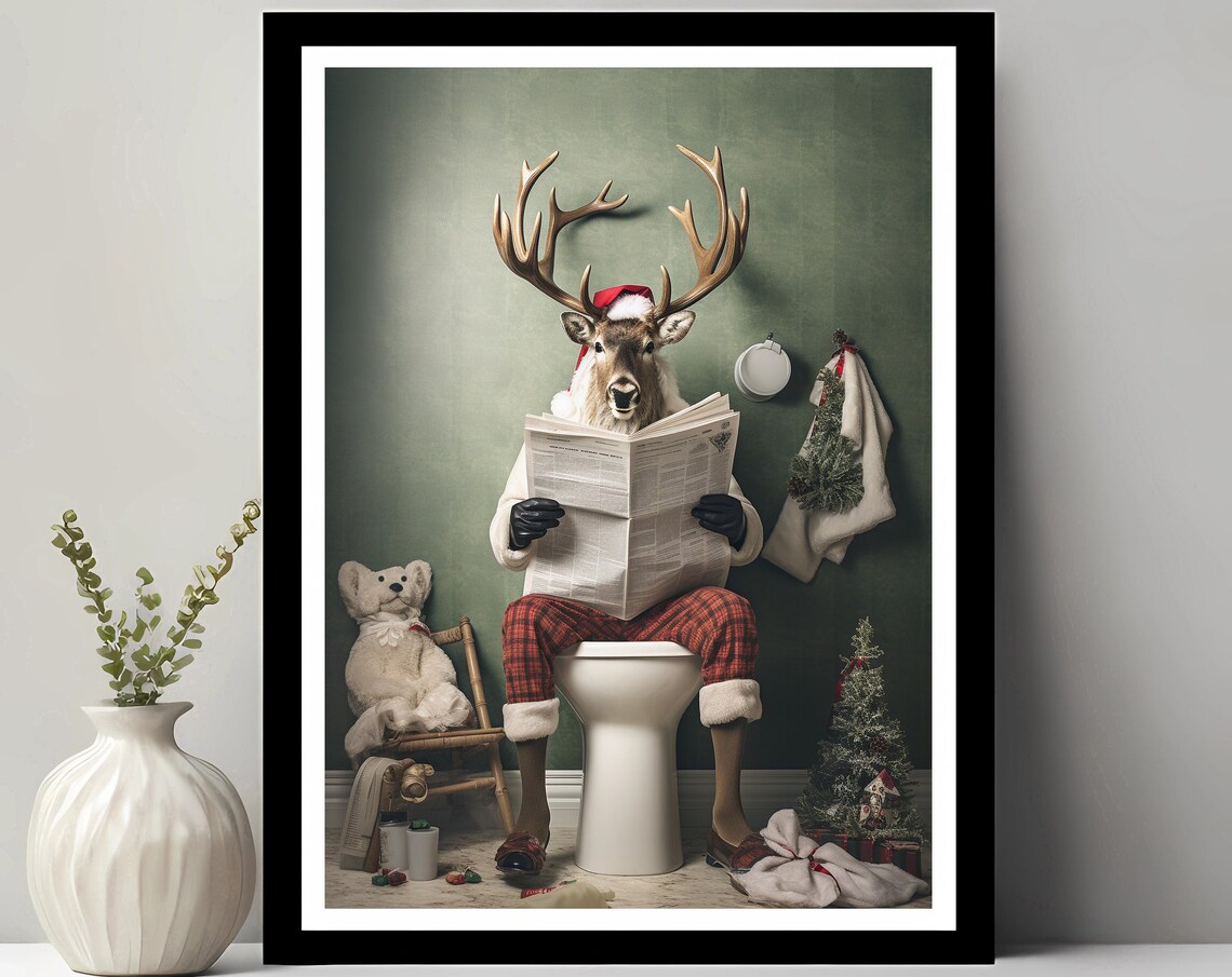 Funny Reindeer Christmas Bathroom Art Print
