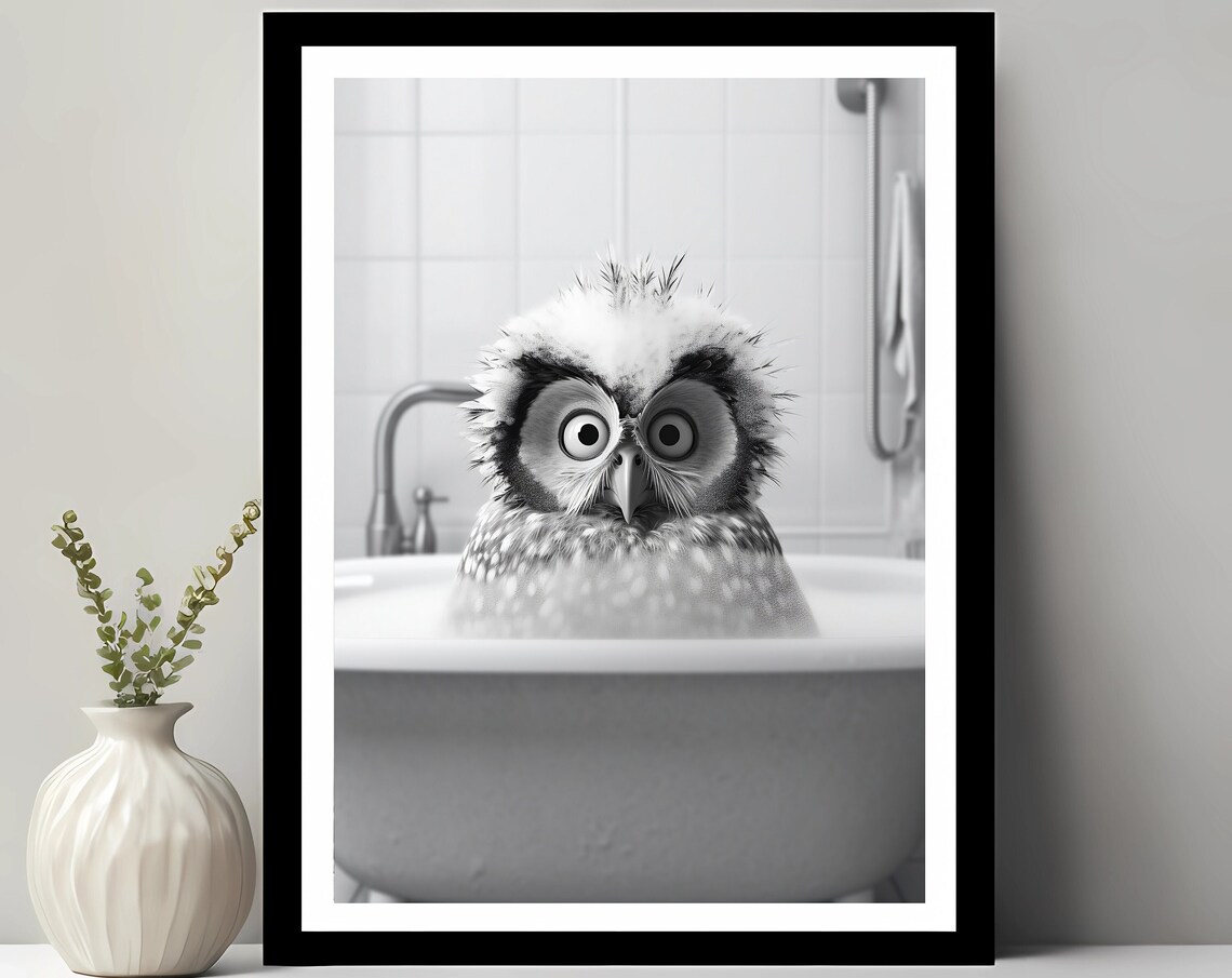 Adorable Owl In Tub Wall Art Bathroom Kids Decor Animal Funny