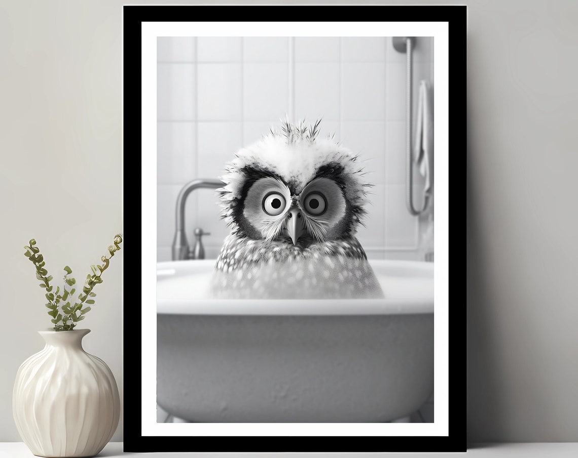Owl in Bathtub Big Eyes Cute Black and White Funny Animal Poster