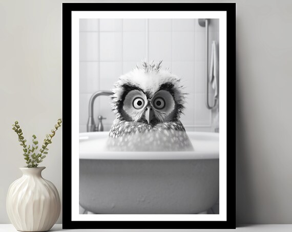 Adorable Owl In Tub Wall Art Bathroom Kids Decor Animal Funny