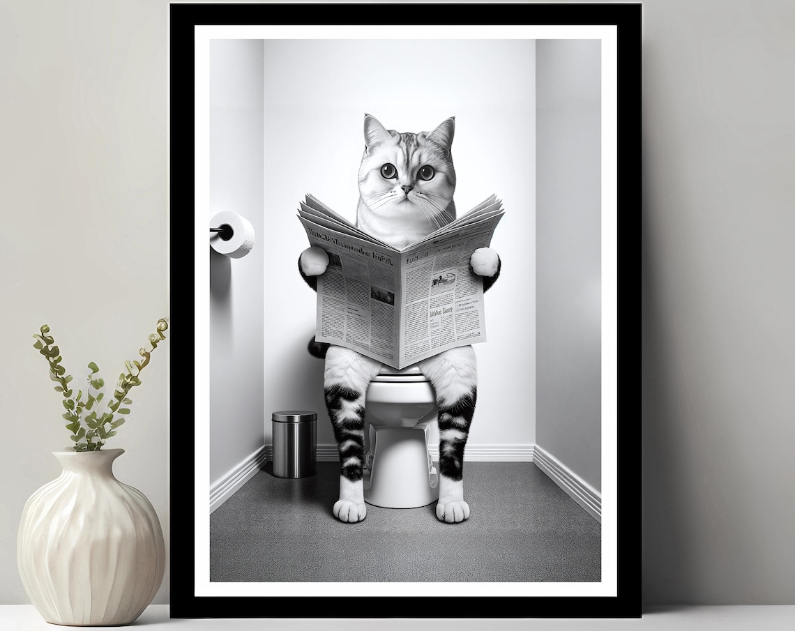Tabby Cat Reading Newspaper on Toilet Funny Bathroom Cat Poster