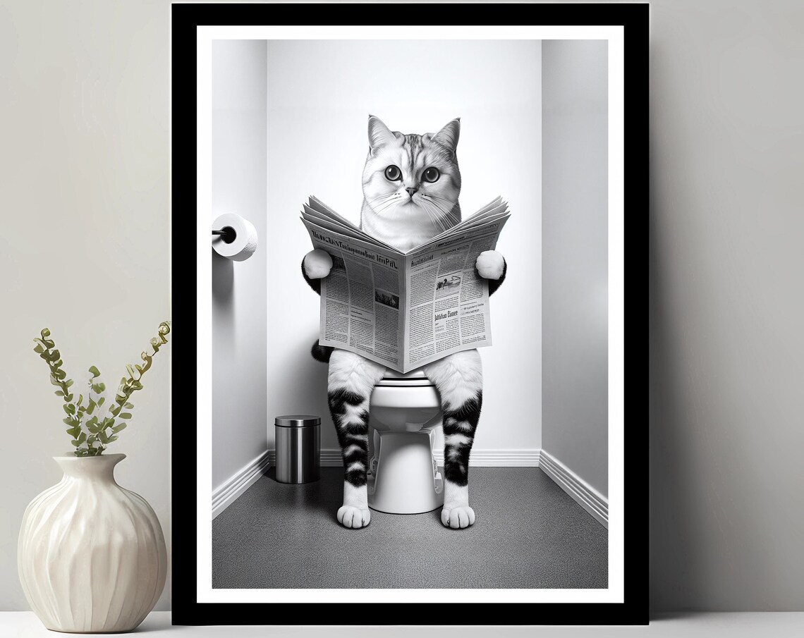 Wirehair Wall Art Funny Bathroom Decor Cat In Toilet Petshop Gift