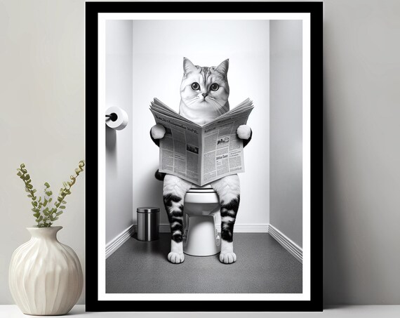 Tabby Cat Reading Newspaper on Toilet Funny Bathroom Cat Poster