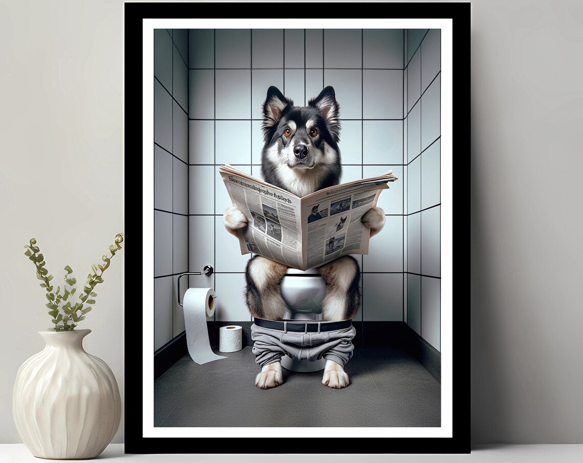 Husky Dog Reading Newspaper on Toilet Funny Bathroom Art Poster
