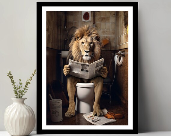 Funny Bathroom Print Lion Kids In Toilet Animal Bathtub Wall Art Whimsy
