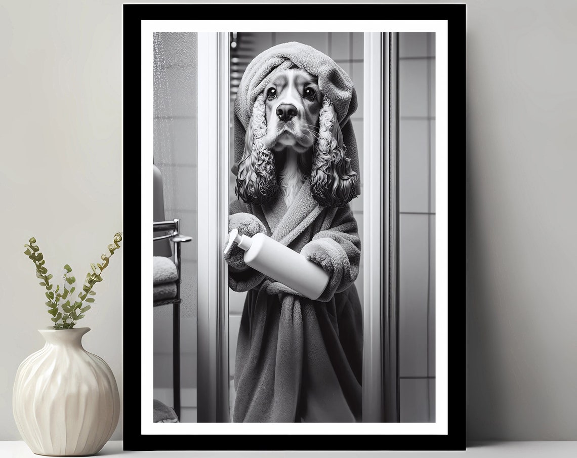 Cocker Spaniel Bathrobe Shower Funny Bathroom Dog Photo Poster