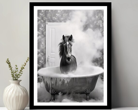 Adorable Horse In Tub Wall Art Bathroom Kids Decor Animal Funny