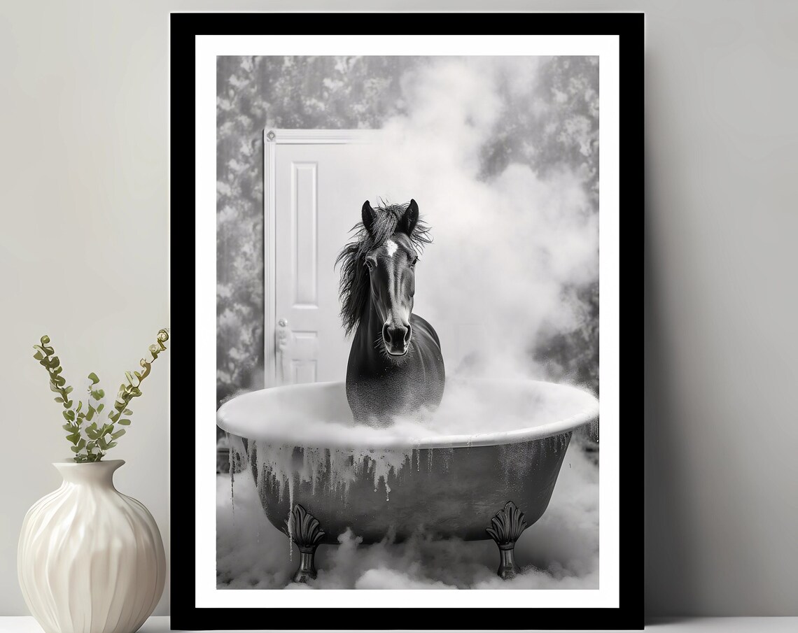 Adorable Horse In Tub Wall Art Bathroom Kids Decor Animal Funny