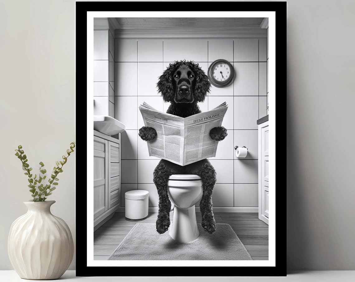 Black Spaniel Reading Newspaper on Toilet Funny Bathroom Poster