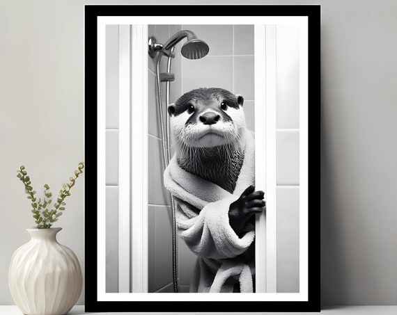 Otter Funny Bathroom Decor, Black And White Art Print
