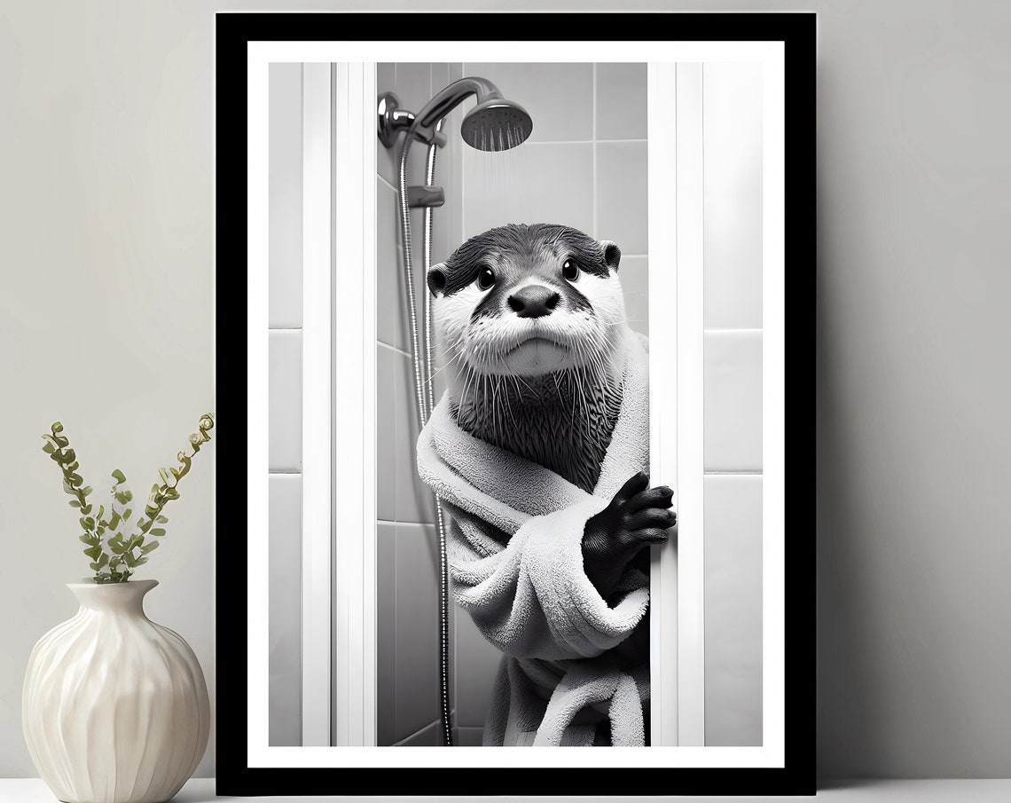 Otter Funny Bathroom Decor, Black And White Art Print