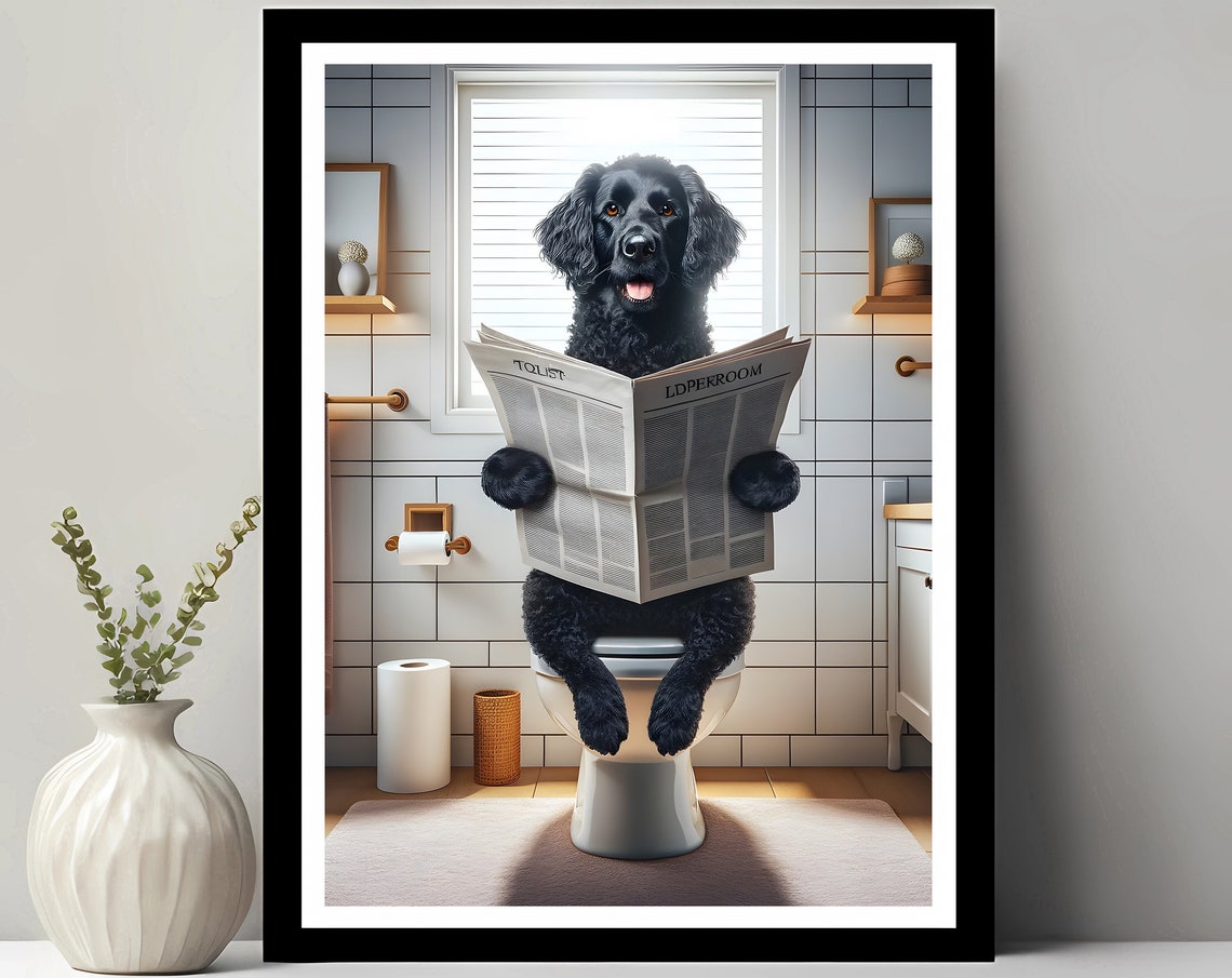 Curly Coated Retriever Reading Newspaper Toilet Funny Dog Poster