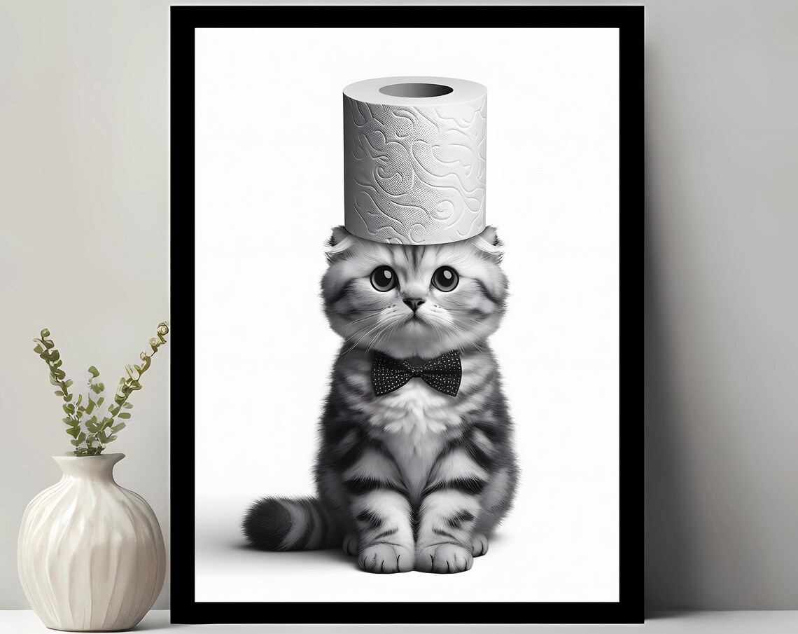 Curl Wall Art Funny Bathroom Decor Animal In Toilet Paper Cat Print Gift