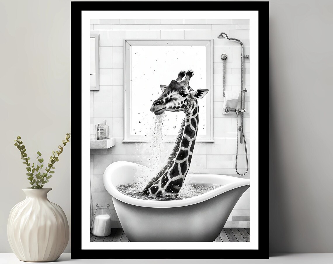 Giraffe In Tub Art Print, Funny Bathroom Kids Decor