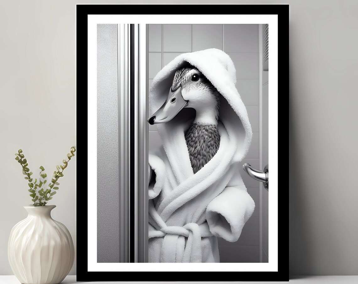 Cute Duck in a Bathrobe, Funny Bathroom Art Print