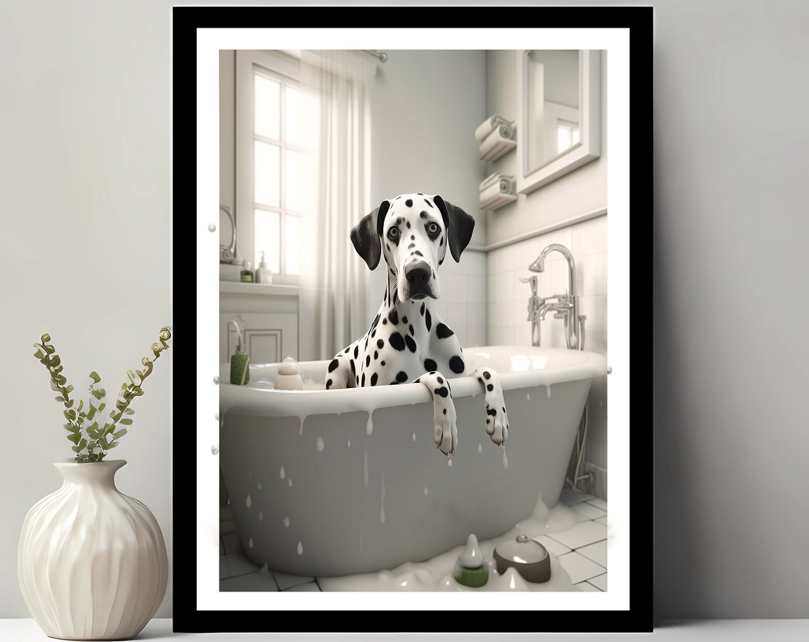Dalmatian In The Bathtub Funny Black White Bathroom Dog Poster