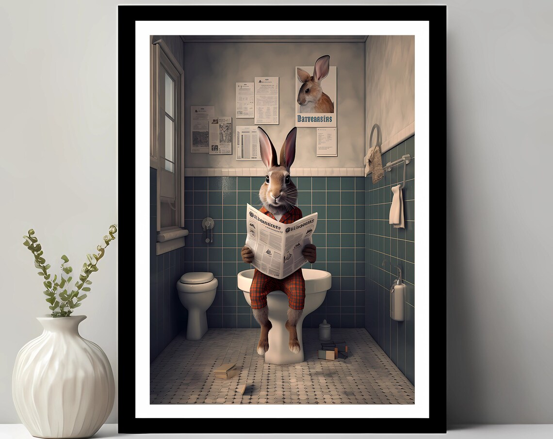 Rabbit Funny Bathroom Decor Animal Whimsy Art Print