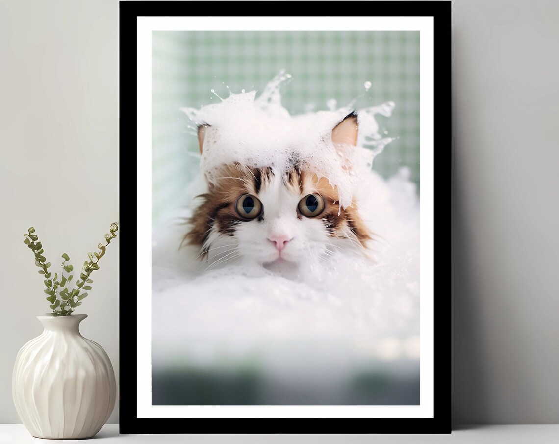 Cute Cat With Soap Suds in a Bubble Bath Funny Bathroom Poster