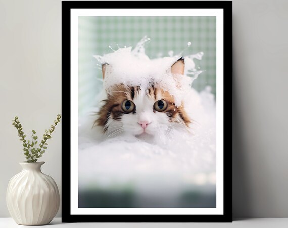 Cute Cat With Soap Suds in a Bubble Bath Funny Bathroom Poster
